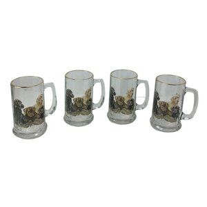 B. Brian Atwater Set Of 4-16oz. Gold Rimmmed Glasses/Mugs With Puppies Design